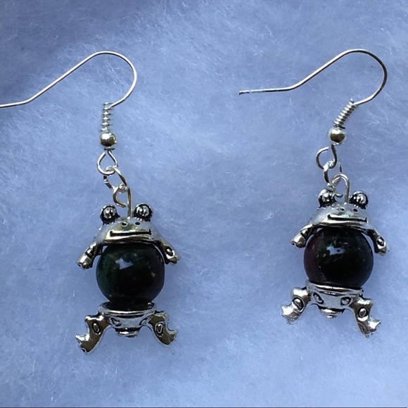 PeaceFrog Jewelry - Red Green Ruby Zoisite Silver Frog Dangle Earrings
